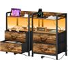 YOUDENOVA Comodino Camera da Letto, Set di 2 Comodini con Luci LED, Presa di Corrente e 2 Porte USB, ComodinI Moderno con 2 Cassetti in Tessuto e 2 Livelli, 30 x 40 x 62cm, Venatura Fiammata&Nero