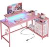 Bestier Scrivania a Forma di L con Prese di Corrente e Luci a LED Scrivania ad Angolo con Ripiani Scrivania per Computer Reversibile con Ganci per Casa Ufficio Camera da Letto Piccolo Spazio 132cm