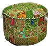 Aakriti Gallery - Copri pouf rotondo in stile etnico indiano, rivestimento decorativo indiano in cotone ricamato per poggiapiedi, solo federa (46 x 33 cm) Verde