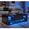 CXHLXYR Tavolino rettangolare, tavolino da caffè lucido con striscia luminosa a LED appeso, tavolini da salotto moderni con deposito, tavolino con ripiano aperto e cassetti 100x50x35 cm(Nero-C)