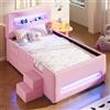 NNJN Letto a piattaforma imbottito (90 x 200 cm) con scale, cassetti, strisce luminose a LED e tasche portaoggetti (rosa)