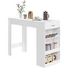 WOLTU Tavolo da Bar, Bancone da Bar con 1 Cassetto e 3 Ripiani, Tavolo Penisola per Cucina, Pub, Bistrot, Legno Ingegnerizzato (Con assi di legno, Bianco, 120 x 50 x 90 cm)
