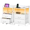 YOUDENOVA Comodino Camera da Letto, Set di 2 Comodini con Luci LED, Presa di Corrente e 2 Porte USB, ComodinI Moderno con 2 Cassetti in Tessuto e 2 Livelli, 30 x 40 x 62cm, Bianco Nuvola