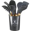 MF artSHOP Mestoli Da Cucina In Silicone, Set 12 Pezzi, Utensili Per Cucinare, Antiaderenti, Manico in Legno Appendibili Resistenti al Calore (Nero)