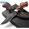 Coltello Da Caccia Outdoor Damasco Manico in Legno Con Fodero in Vera Pelle, For
