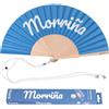 Fisura - Ventaglio in legno originale con messaggio "morriña". Accessorio raffinato e colorato, ventaglio portatile blu con gancio incluso. Dimensioni: 42,5 x 23 cm