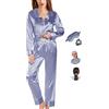 Y WJing Yi Jia - Set pigiama da donna in seta satinata, 2 pezzi, per sposa, con bottoni, per dormire, per damigella d'onore, con mascherina per gli occhi e fasce per capelli, set 3 in 1.., Blu polvere