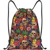 HLBSDM Borsa sportiva da palestra con coulisse nera a tema teschio di zucchero, scheletro, gatto e pesce, zaino da yoga per adulti, 14x16,9 pollici, taglia media.