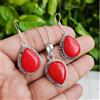 Belli Corallo Rosso Gemma 925 Argento Sterling Mano Orecchino Set Ciondolo S-264