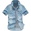 Generisch Camicia in jeans da uomo a maniche corte estiva in denim, a maniche corte, classica, con bottoni a pressione, per uomo, azzurro, vestibilità normale, a maniche corte, look usato, slim fit, per il