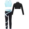 TiaoBug Completo Sportivo Bambina Tuta da Ginnastica Danza Yoga Reggiseno Sportivo Canotta + Maglietta Maglia Manica Lunga + Leggings Sportivi Tuta Danza Moderna Jazz Hip Hop Azzurro 9-10 anni