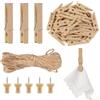 ywchoshe 60 Pz Mollette in Legno con 30 Puntine in legno e 1 rotolo di corde di iuta, 7,2cm mollettine per foto, filo per foto mollette di legnos per porta biglietti di Natale, parete, matrimoni, casa