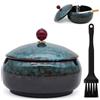 SHOWHEEL Posacenere da Tavolo Ceramica,Posacenere con Coperchio,Ashtray Ceramic,con Pennello,Antivento,Impermeabile,Design Retrò, Interno ed Esterno,per Casa,Ufficio,Scrivania,Patio e Uso Esterno (Nero-Blu)