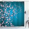 ABAKUHAUS giapponese Tenda da Doccia, Sakura Bloom Modello, Tessuto Set di Decorazioni per il Bagno con Ganci, 175 x 200 cm, Blu Petrolio Rosa Chiaro