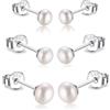 Candyfancy Set di 3 orecchini con perle bianche in argento 925, con vere perle d'acqua dolce, set da 3 paia, 3mm + 4mm + 5mm, Argento sterling, Non pietra preziosa
