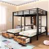 Moimhear Letto a castello 140x200 cm e 90x200 cmx2, ferro/metallo, griglia laterale, 3 letti, vano portaoggetti, 2 cassetti, scaffali, senza materasso, nero