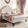 Merax Letto imbottito 90 x 200 cm, letto singolo con poggiatesta decorato a bottoni, telaio letto con rete a doghe e gambe in legno, testiera regolabile in altezza, velluto, beige, senza materasso