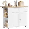 WOLTU Isola Cucina con Ruote Girevoli a 360°, Piano Ribaltabile, Scaffale Laterale a 3 Ripiani e 2 Cassetti, Carrello Cucina in Legno con 2 Ante e Portasciugamani, Rovere Chiaro + Bianco