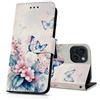 DiaryTown Cover per iPhone 15 Custodia in PU Pelle a Libro Motivo Flip Caso Magnetica Portafoglio Blocco RFID Carta Slot Antiurto Protettiva Cover per iPhone 15 - Fiore Rosa Farfalla Blu