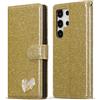 BLOTECH Brillantini Glitters Case for Samsung S24 Ultra Custodia Bling Oro Glitter Shell Wallet PU 3D Amore Cuore Strass Cover Custodia Morbido Case Libro Scintilla Leather Pelle per Samsung Galaxy S24 Ultra