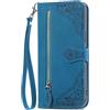 BLOTECH Custodia in Pelle per Oukitel C61 Flip Cover con chiusura magnetica,tasca con cerniera, in pelle PU,con 7 scomparti per carte di credito,con Cinturino da Polso Magnetica Fiore Cover Blu