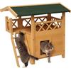 PawHut Casa per gatti esterna tetto asfalto 77x50x73cm legno naturale | Rifugio per gattini, cuccia per cuccioli, balcone, scale