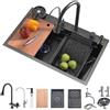 Bokaiya Lavello da Cucina con Cascata, 90x50cm Grande Nero Lavello Cucina, Lavello Multifunzione 1 Vasca Con Lavabicchieri, Tagliere, Rubinetto Estraibile e Scolapiatti, Bokaiya Lavandino Multifunzione Nero