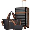 KONO Set da Viaggio 3 Pezzi con Valigia Media 65 cm Espandibile in ABS+PC, Borsa da Viaggio 32 L e Borsa Organizer, Trolley Rigido con Ruote 360° e Lucchetto TSA (65 cm, Nero)