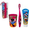CARTOON Set accessori per la cura dell'igiene orale per bambini Minnie Disney 4 pezzi spazzolino manuale dentifricio bicchiere pochette