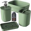 Engelland - Set da bagno, 4 pezzi, con dispenser di sapone, portasapone, portaspazzolino e organizer, design moderno, plastica resistente, senza BPA, effetto scanalato, verde salvia
