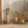 TRIROCKS Set di 3 Lanterne in Acciaio Inossidabile Eleganza Quadrata 40, 31, 21 cm, Portacandele in Metallo con Manico e Pannelli di Vetro Trasparente per Decorazioni Esterne (Oro)