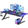 Homall Scrivania da gioco con luci LED, 140 x 60 cm, tavolo da gioco RGB a forma di Z, grande scrivania per computer con gancio per cuffie e portabicchieri, tavolo da gioco per casa e ufficio, nero