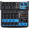 BOMGE Mini Mixer Audio DJ a 6 Canali con Interfaccia MP3 USB, Registrazione Stereo Bluetooth, Alimentazione Phantom 48V, DSP 99 per lo streaming di performance karaoke