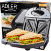 Adler Toaker per sandwich da 850 W, rivestimento antiaderente, nero argento, antiscivolo, 4 panini triangolari