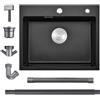 Bokaiya Lavello da Cucina Nero 55x45cm, Lavello Cucina 1 vasca in Granito, lavandino da Esterno per Camper con Set di Drenaggio e 2 Fori di Preforato, Installazione a Sopratop o Filotop