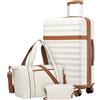 KONO Set da Viaggio 3 Pezzi con Valigia Grande 75 cm Espandibile in ABS+PC, Borsa da Viaggio 32 L e Borsa Organizer, Trolley Rigido con Ruote 360° e Lucchetto TSA (75 cm, Crema/Marrone)