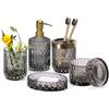 EMPO Set di 6 Accessori in Vetro Trasparente per il Bagno (Dispenser per Sapone per Lozione, Portasapone, Porta Spazzolino da Denti, Bicchiere, Barattolo di Cotone), Regalo Vintage (Grigio)