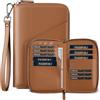 VULKIT Porta passaporto in pelle per famiglia, organizer per documenti da viaggio, con blocco RFID, sottile, doppio slot per schede SIM e porta carte, Marrone, 21 x 14 x 2.3 cm, Casual