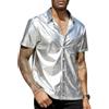 MANJIAMEI Camicia a maniche corte da uomo, in metallo lucido, button-down-discoteca, con colletto a risvolto scintillante, liscia, senza pieghe, taglio solido e sottile, argento, XL