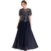 Ever-Pretty Abito Cerimonia Donna Collo Rotondo Maniche Corte Paillente Maxi Gonna Svasata Blu Navy 44
