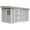 TIMBELA Casetta da giardino di qualità premium 8,68 m² - H231x248x412 cm - Costruzione in pannelli LP Smartside - Senza pavimento e parete laterale - Timbela M939B-TUNDRA GREY