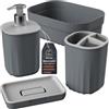 Engelland - Set da bagno, 4 pezzi, con dispenser di sapone, portasapone, portaspazzolino e organizer, design moderno, plastica resistente, senza BPA, effetto scanalato, antracite