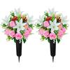 Velibobo Fiori artificiali per cimitero, 2 set di bouquet di rose con vaso per decorazione cimitero (rosa rosa)