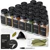 Happy Lemuro Set di 24 barattoli per spezie - Contenitore per spezie in vetro da 120 ml con coperchi in bambù, inserti per spargere, etichette, imbuto e spazzola, dispenser per spezie con accessori