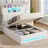 AOGLLATI Letto Contenitore 90x200 cm con Sollevamento Idraulico, Letto Singolo con Luci LED e Porta USB, Sommier a Doghe in Legno, Testiera Imbottita Nero con 7 Vani Portaoggetti, Bianco