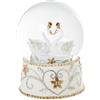 DRW Figura di una palla di neve in resina con cigni in bianco, oro e argento, 13,5 x 10 x 10 cm