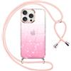 Oelrstfe Cover Glitter per iPhone 15 Pro Max con Cordino Custodia Trasparente Silicone con Collana Laccio Tracolla Antiurto Antigraffio Corda Collo Regolabile Brillantini Protettiva Case,Rosa