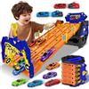 BuzzoXerex 5 in 1 Macchine Pista, Camion Trasportatore con 5 Auto, Giocattolo Pista da Corsa Storage Bucket per Bambini, Regalo di Macchinina Giocattolo per Bambino 3 4 5 6 7 8 Anni