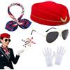 MUNSKT Set di 5 accessori per costume da hostess di volo, set creativo per abito da stewardess aerea con sciarpe, cappello da hostess, guanti, occhiali da sole, spilla per carnevale, travestimento