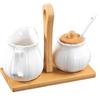Siocok Set di zuccheriera e lattiera in ceramica con coperchio, cucchiaio e pallet in legno, accessori da bar in ceramica, brocca per crema, barattolo per zucchero, per latte, caffè in casa, set da portata
